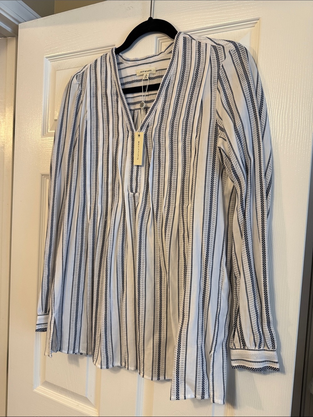 Max Studio Ecru and Navy Striped V-Neck Blouse